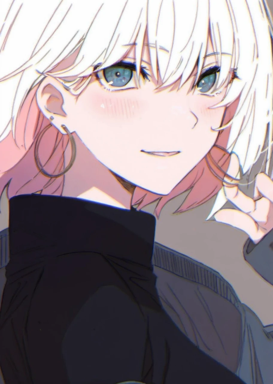 Black sweater, white hair, blue eyes