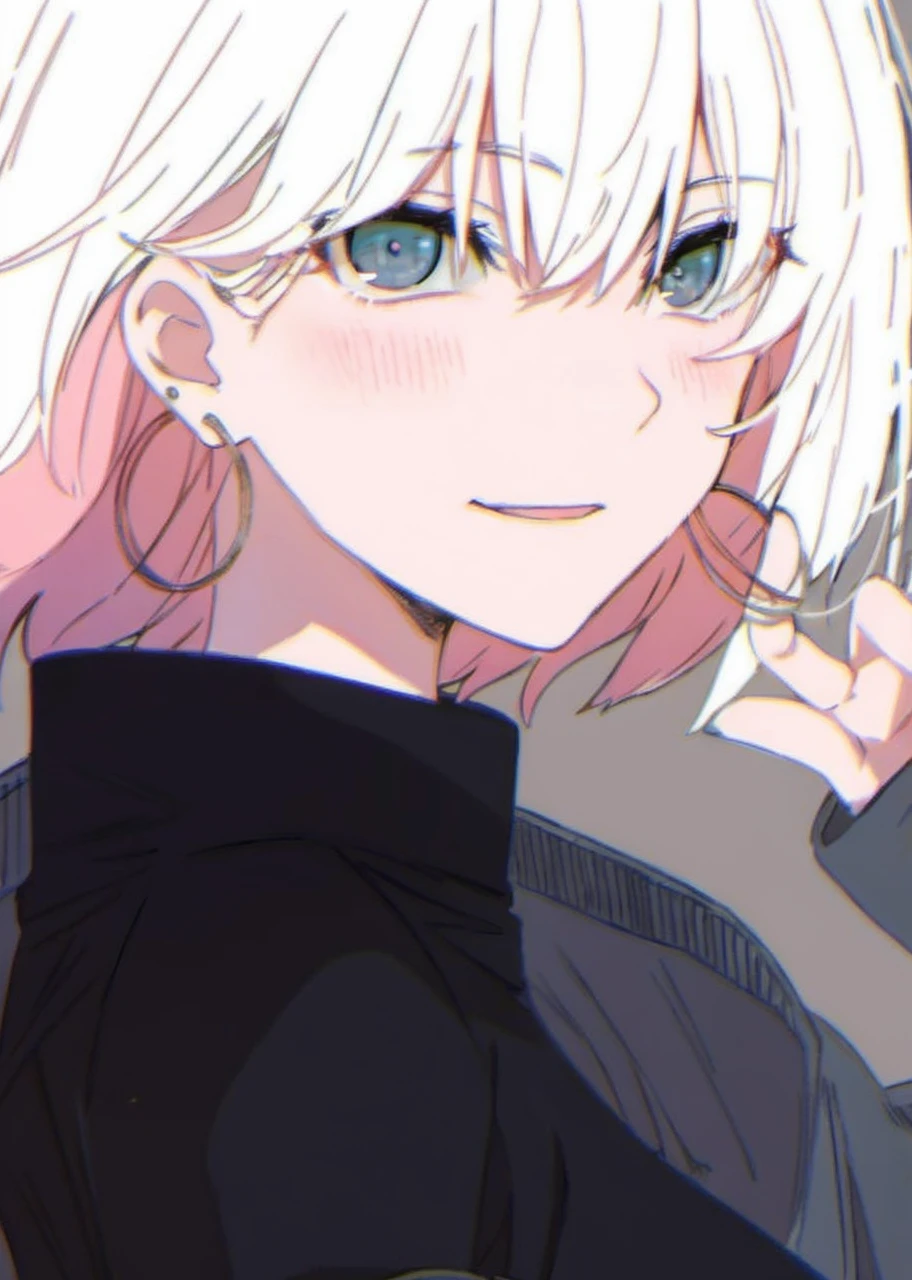 Black sweater, white hair, blue eyes