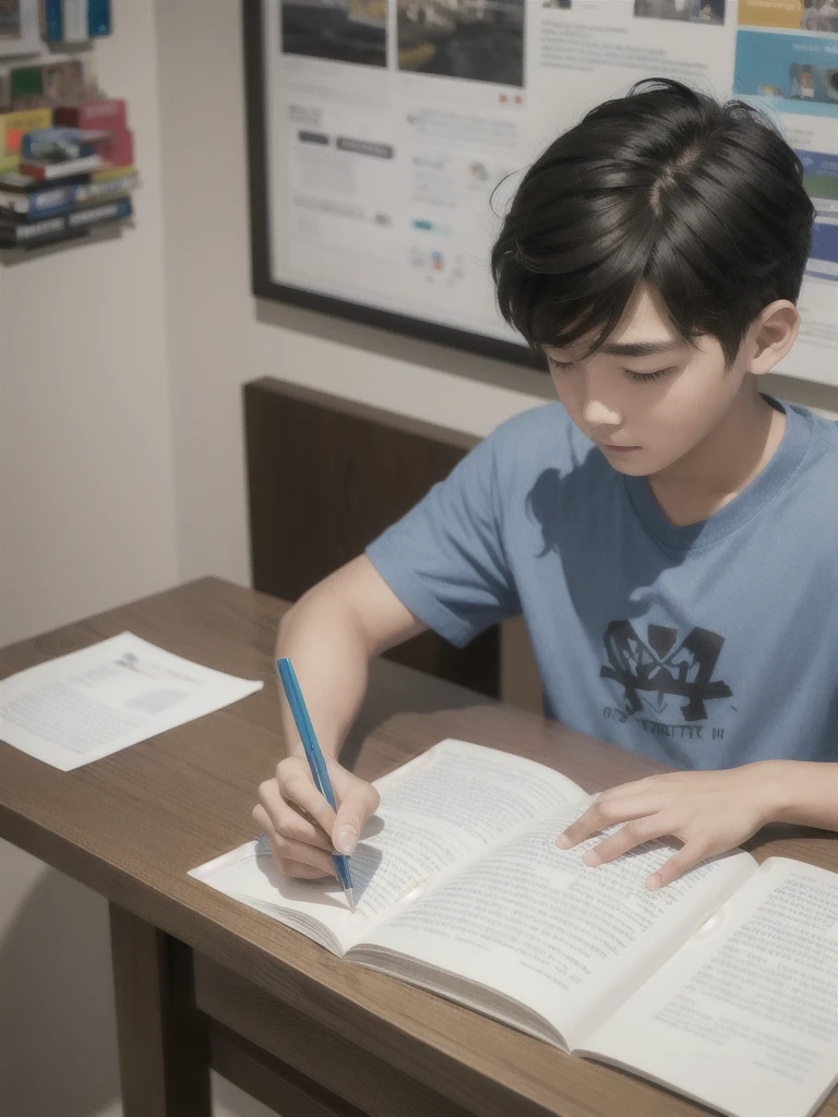 9-year-old Chinese boy sitting upright doing homework