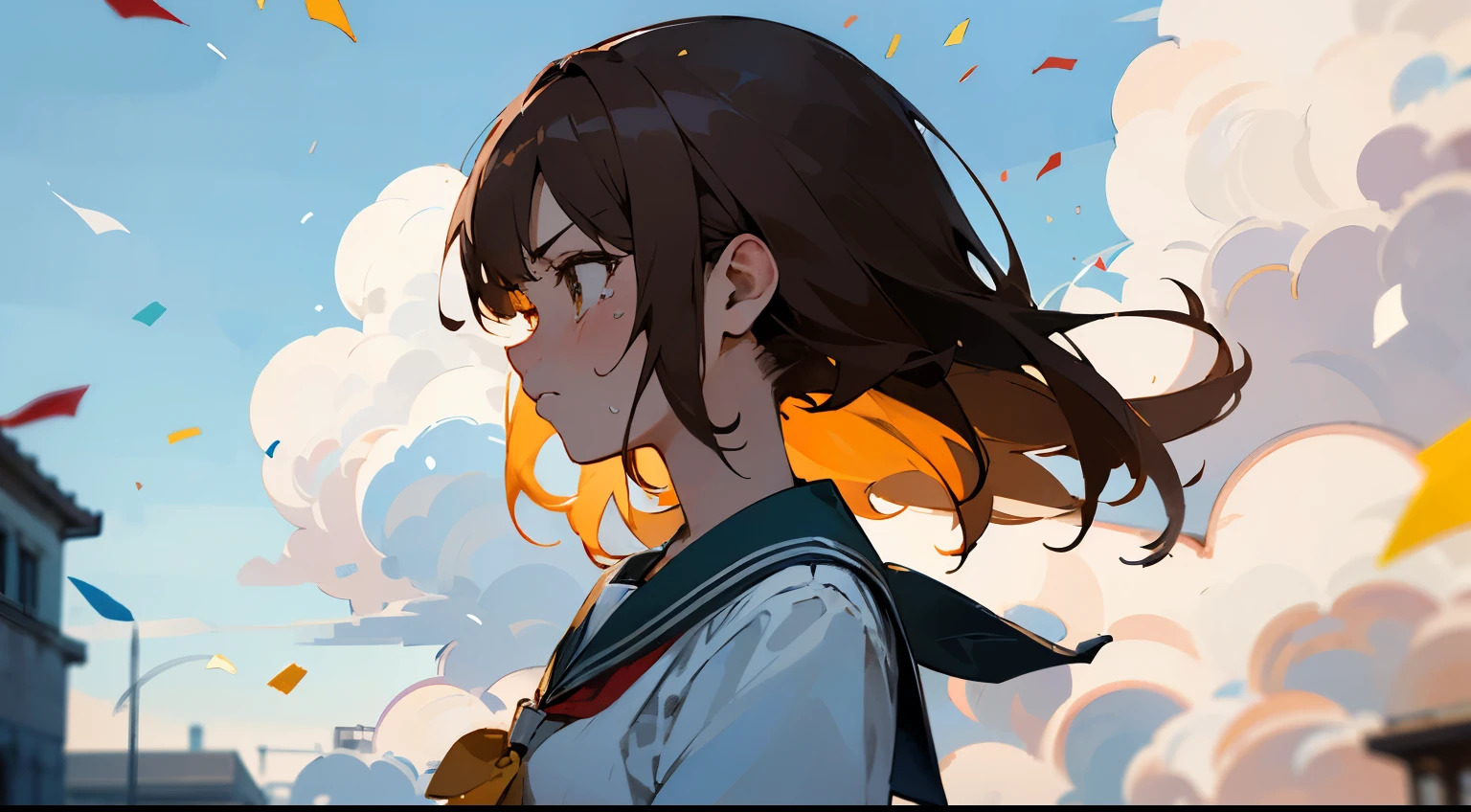 ((Highest quality)), ((masterpiece)), ((Very detailed)),Looks down Girl,Angry expression，Confetti，Brown Hair,Blue sky and clouds,Tears on my cheeks,profile,student,School building