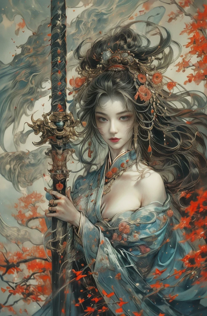 Beautiful demon painting, Demon woman with a sword, Beautiful woman holding a sword, A strong female warrior, female swordsman, Female Bodyguard, Beautiful black-haired demon, Beautiful red kimono, Assault stance, Female Yakuza, Stylish female samurai, Master Swordsman, Fighting Pose, Great impact, dynamic, Very sharp beauty, pretty much beautiful face, Sharp eyes with slit length, Very delicate and beautiful eyes, Very stylish woman, Five fingered hand, Battle-crazed demon woman, A cold and heartless demon woman, Lord of the Night Parade of One Hundred Demons, Queen of Asura, Full Body Tattoo, wide, Rashomon, Jan J, Written by Ku Lei Lei, Detailed art of a female swordsman, By Fong Zhu, Li Song, Beautiful character drawings, by Li Zai, Chengwei Pan at Art Station, Inspired by Chung Fenghua, By Liang Kai, g lillian art style, Chen Yifei, Female painting, Vivid and colorful paintings, Gorgeous and luxurious, Gweitz masterpiece, Gweitz, artwork in the style of Gweitz, Gweitz on pixiv artstation, Japanese Goddess, Gweitz on artstation pixiv, Organic seductive, takato yamamoto aesthetic, tumbler, Chen Yifeiに影響を与えた作品, Works that influenced Francesco Hayes, Inspired by Hendrik Terbruggen, Jean＝Works that influenced Auguste Dominique Ingres, Works that influenced Liu Jun, Jean＝Works that influenced Auguste Dominique Ingres, artwork in the style of Switzerland, by Jan J, Switzerland, Beautiful Art UHD 4K, Detailed painting 4k, Beautiful digital art, Beautiful artwork illustration, Switzerland masterpiece, By Chen Yanjun, Lee Song, Highest quality, The perfect angle, Perfect composition, Best Shot, Official Art, Cinematic Light, Figurative art, Beautiful and expressive paintings, Beautiful artwork illustration, Extremely delicate and detailed painting style, Beautiful and subtle effects, Elegant and beautiful painting art, The pinnacle of painting beauty, Perfect light, Perfect composition, The perfect angle, Perfect subject, Best Shot, Female Solo, Sharp contours