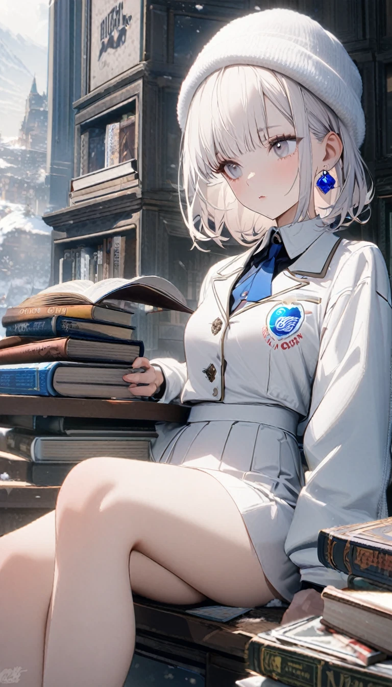 1girl,albino,snow white hair,white eyes,,white blazer with logo ,high waisted white skirt,perfect body, books,calm,white fluffy beanie,blue earrings,8k,high definition ,