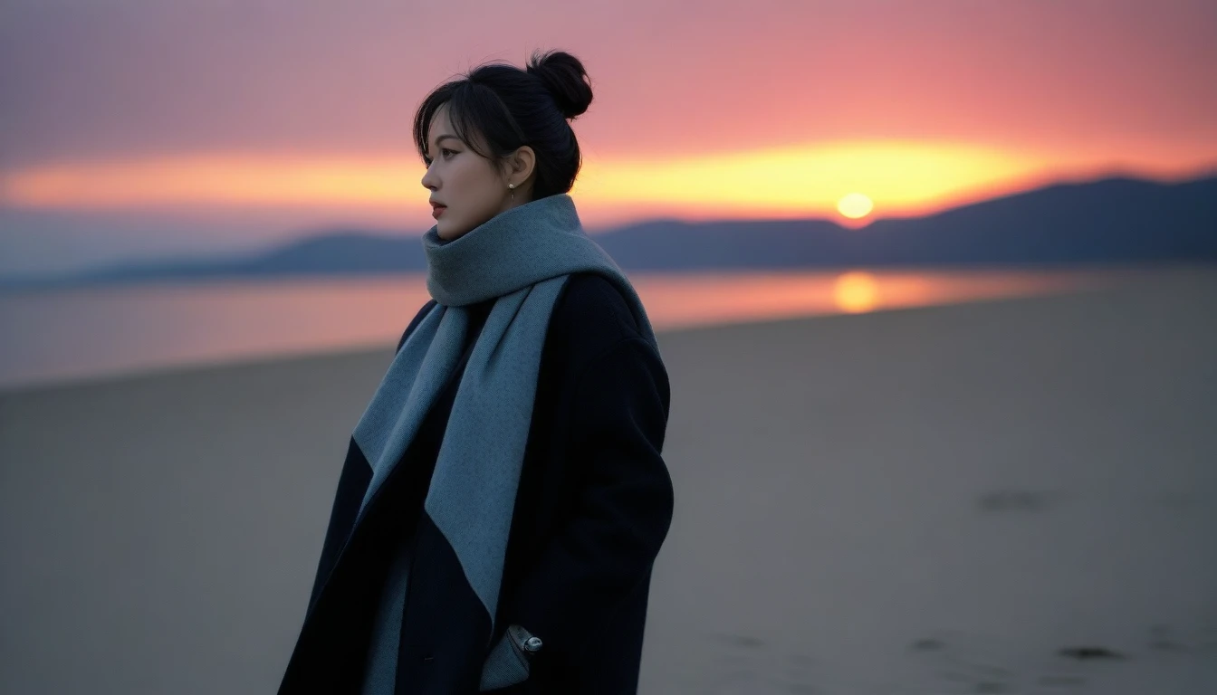 8K, 超high resolution, best quality, masterpiece, 1 woman, (36 years old:1.3), Korean woman,(wearing a long winter coat and scarf、Thin black double sided updo :1.5)、(The woman turned around with a very sad expression., 겨울 해변에서 바람에 휘날리는 short medium hair 그녀의 머리카락:1.5)、(blurred background:1.5)、(red sky at sunset:1.5)、(complete anatomy:1.5) (full finger:1.3)、realistic、Life drawing、high resolution、beautiful details、((thin legs))、Super cute supermodel, red light of sunset, light and shadow, short medium hair,1 female camera 16-35 wide angle lens, Full body shot walking on the beach, the skirt is visible