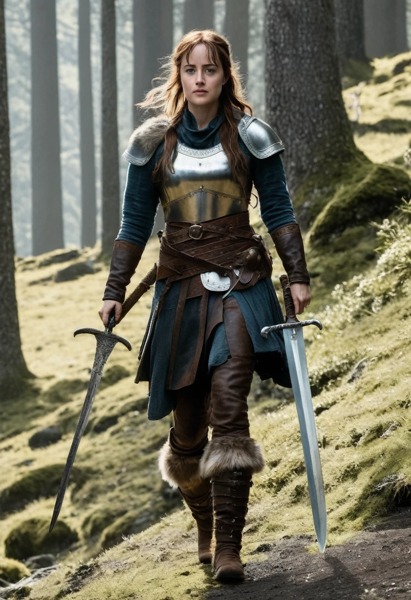 Dakota Johnson is a beautiful Viking warrior in her rustic leather outfit and light armor. She is wielding a longsword in her right hand.