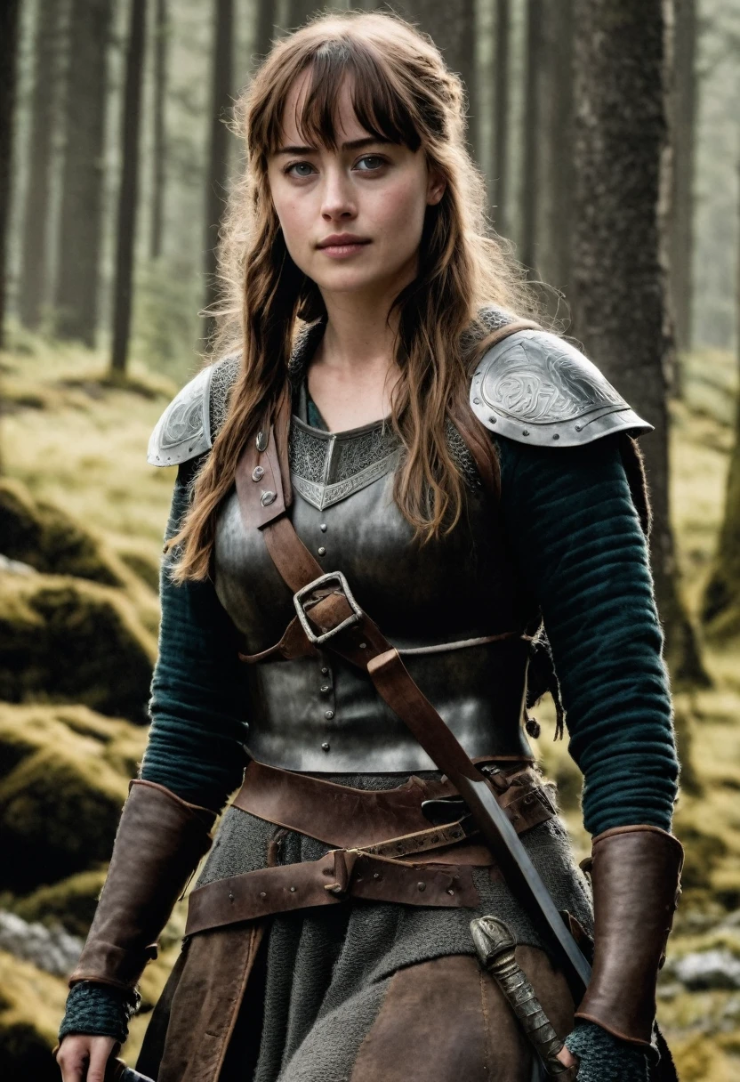 Dakota Johnson is a beautiful Viking warrior in her rustic leather outfit and light armor. She is wielding a longsword in her right hand.