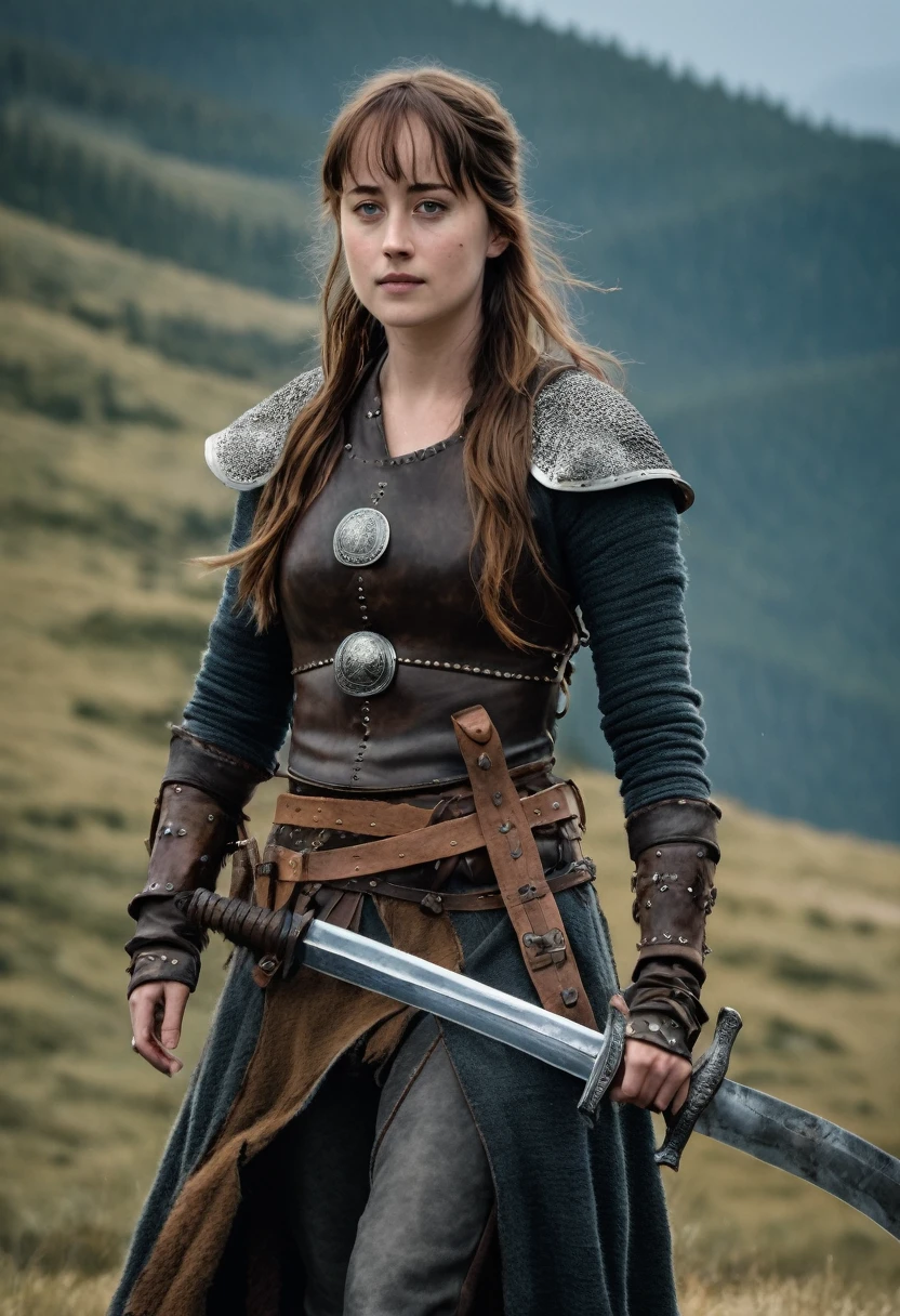 Dakota Johnson is a beautiful Viking warrior in her rustic leather outfit and light armor. She is wielding a longsword in her right hand.