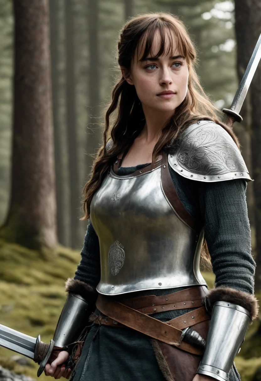 Dakota Johnson is a beautiful Viking warrior in her rustic leather outfit and light armor. She is wielding a longsword in her right hand.