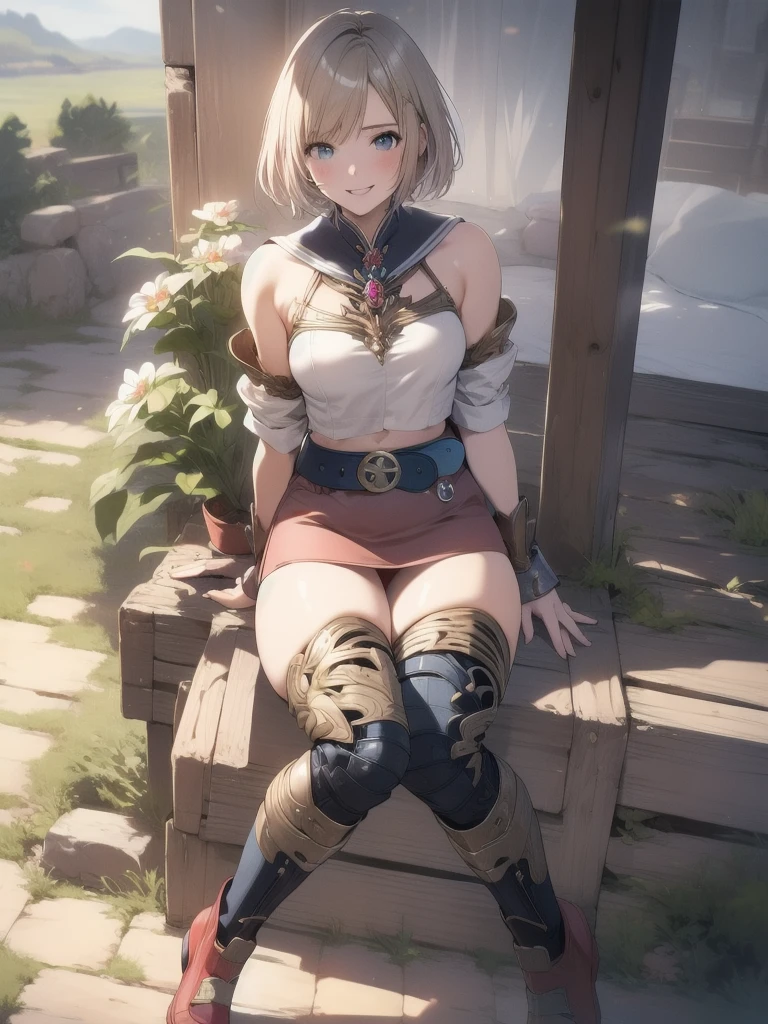 masterpiece, best quality, absurdres, perfect anatomy, 1girl, solo, Ashelia, short hair, AsheliaOutfit, miniskirt, thighhighs, jewelry, belt, standing, cowboy shot, smile, dynamic pose, dynamic angle, outdoors, plains, hills, (sitting, spreading legs by hands), spread crotch