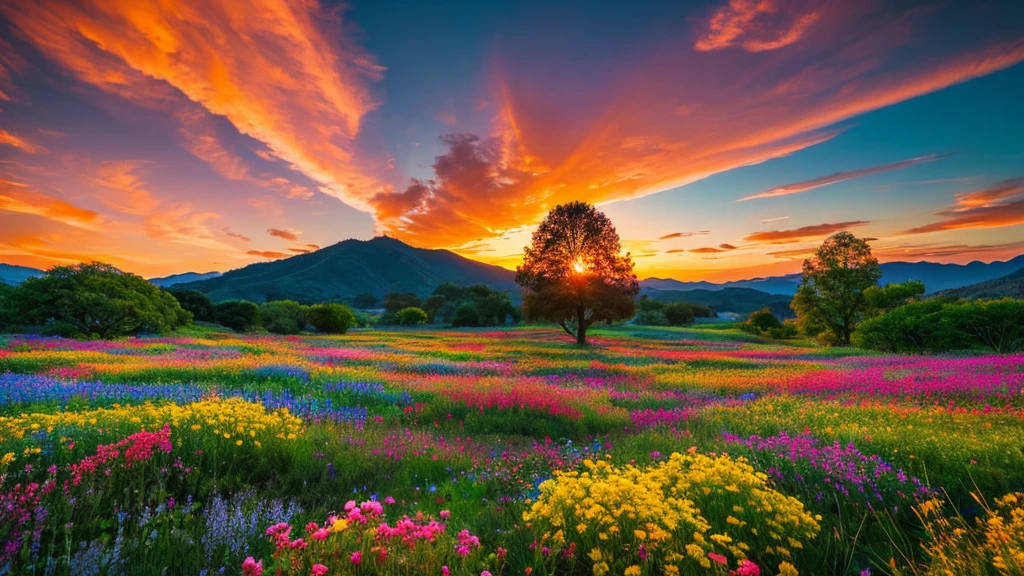 You can watch a beautiful sunset, The hills are covered with flowers and plants., Flowers are nearby, Colorful Sky, Surreal colors, Colorful sunset, Colorful Sky, Beautiful skyの反射, Beautiful sky, Fantastic atmosphere 8K, Multicolored clouds, Colors reflected in the lake, Surreal Sky, Red and blue reflections, Fire Reflection, Beautiful sky, beautiful and spectacular sunset, Beautiful dream landscape, Beautiful sky