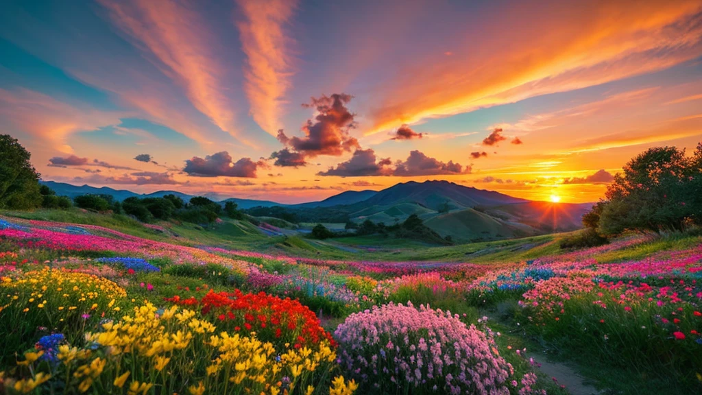 You can watch a beautiful sunset, The hills are covered with flowers and plants., Flowers are nearby, Colorful Sky, Surreal colors, Colorful sunset, Colorful Sky, Beautiful skyの反射, Beautiful sky, Fantastic atmosphere 8K, Multicolored clouds, Colors reflected in the lake, Surreal Sky, Red and blue reflections, Fire Reflection, Beautiful sky, beautiful and spectacular sunset, Beautiful dream landscape, Beautiful sky
