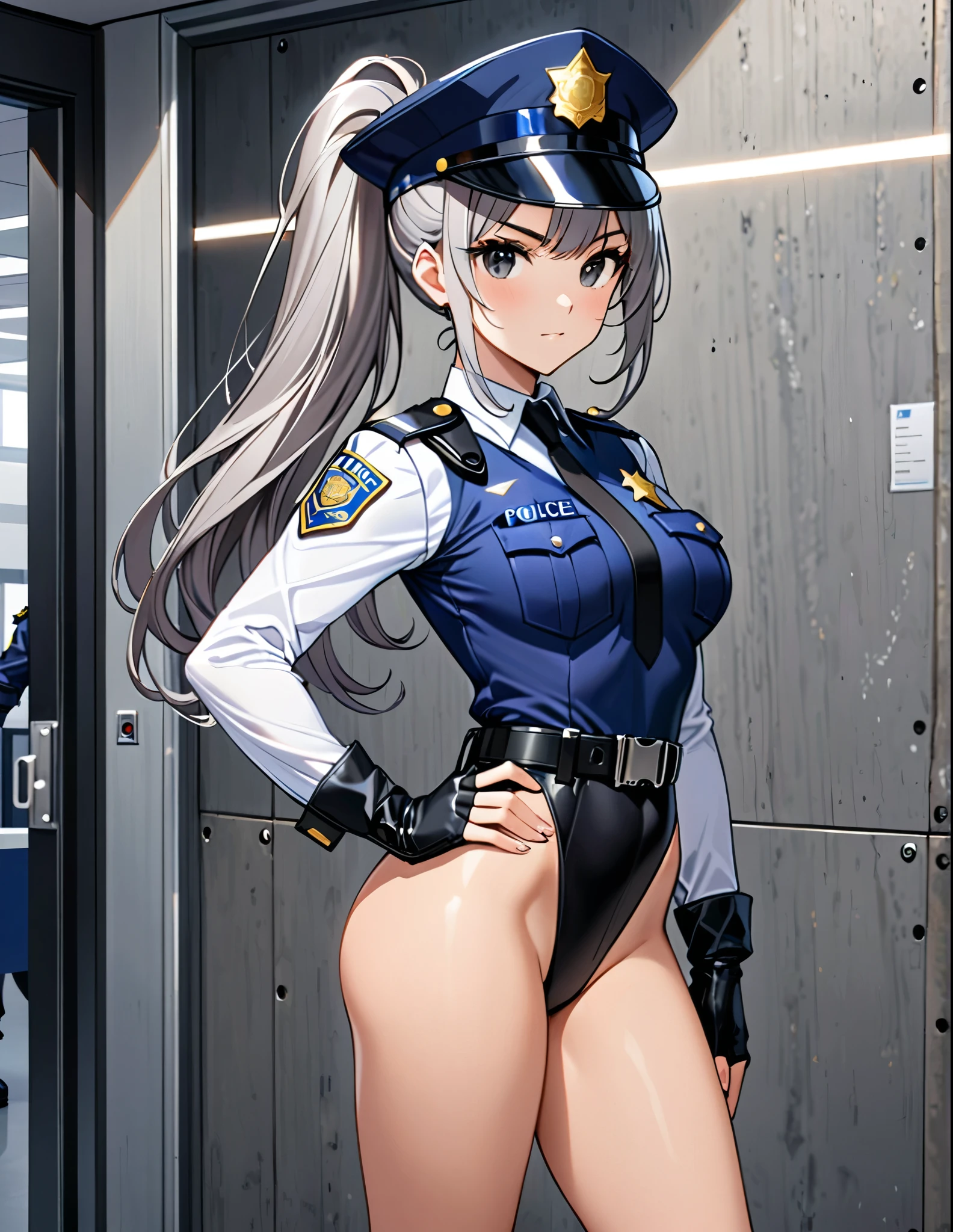(masterpiece), (best quality), (high res),1girl, tall body, ((long hair, grey hair, ponytail hair)), (black eyes), beautiful detailed eyes, beautiful detailed face, cute face, perfect hands, complete fingers, perfect anatomy, perfect proportions, ((hat, jet black police hat)), ((leotard, matching leotard, bare legs)), ((boots, matching boots)), breasts, medium breasts, fingerless gloves, (full body portrait), looking at viewer, (solo, solo focus), standing, police uniform, shoulder pads, cowboy shot, office backdrop, indoors, (belt, tight belt), (armbands, white sleeves), one hand on hip, serious, full body costume design.