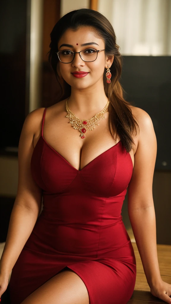 night scene, close up photo of mahima from top view, hourglass figure, swooping breasts, deep cleavage, curvy, armpits, seductive eyes, look at viewer and subtle smile, lying on table with wide open spread legs in office, necklace, wearing red dress, red lips, sultry, nerd glasses, ponytail, (cinematic:1.3), intricate details, (ArtStation:1.2)