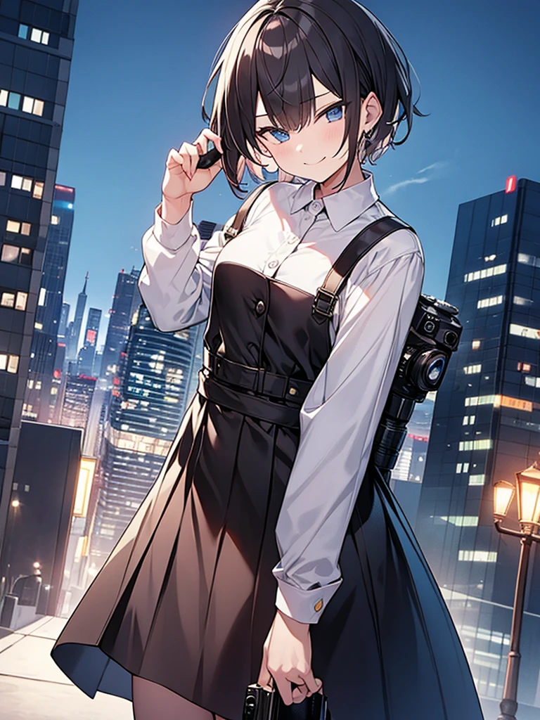 Have a camera、Villain、modern、Downtown at night、A man with a bad appearance、Short Hair、Lewd smile、White shirt、
