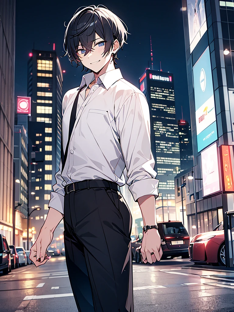 Have a camera、Villain、modern、Downtown at night、A man with a bad appearance、Short Hair、Lewd smile、White shirt、