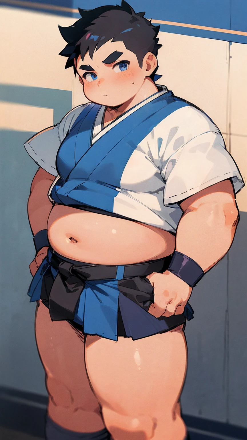 ((androgynous)), beautiful, (very short hair), (pudgy face), (thick),(cute), ((boyish)), (chubby), belly, muscular, (beefy), (jockstrap), (cool), (sexly), (Hakama), (blue eyes), (shaved sides), (Black Hair), (warrior), (Han-like)