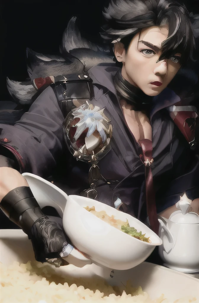 masterpiece, best quality, 1 boy,Handsome,Male focus, Animal ears,Black Hair,short hair,blue eyes,Necklace,Red tie,Short sleeve,Black gloves,shirt, coat,belt,Grey pants, Fur trim,Holding a bowl of fried rice,Anime style,cute,Abdominal muscles,Genshin Impact,Leosley