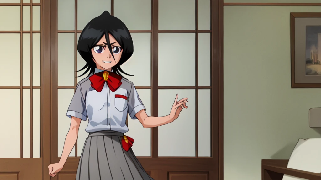 ((Highest quality)), ((Very detailed)), Very detailed顔, Beautiful Face, , (One Girl), Cowboy Shot, Rukia, Black Hair, short hair, Hair between the eyes, Purple eyes, Small breasts, smile, , White collared shirt, Red bow tie, Grey pleated skirt, shoes下, shoes, (indoor, At the front door)