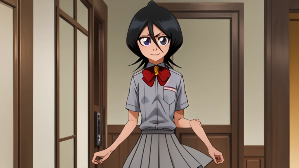 ((Highest quality)), ((Very detailed)), Very detailed顔, Beautiful Face, , (One Girl), Cowboy Shot, Rukia, Black Hair, short hair, Hair between the eyes, Purple eyes, Small breasts, smile, , White collared shirt, Red bow tie, Grey pleated skirt, shoes下, shoes, (indoor, At the front door)