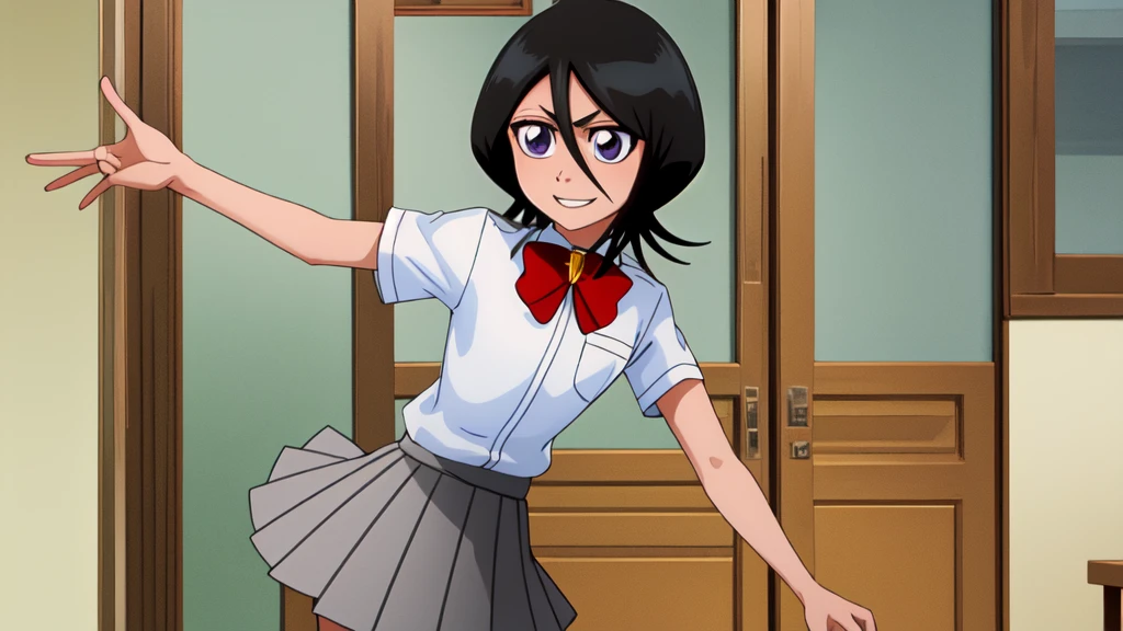 ((Highest quality)), ((Very detailed)), Very detailed顔, Beautiful Face, , (One Girl), Cowboy Shot, Rukia, Black Hair, short hair, Hair between the eyes, Purple eyes, Small breasts, smile, , White collared shirt, Red bow tie, Grey pleated skirt, shoes下, shoes, (indoor, At the front door)