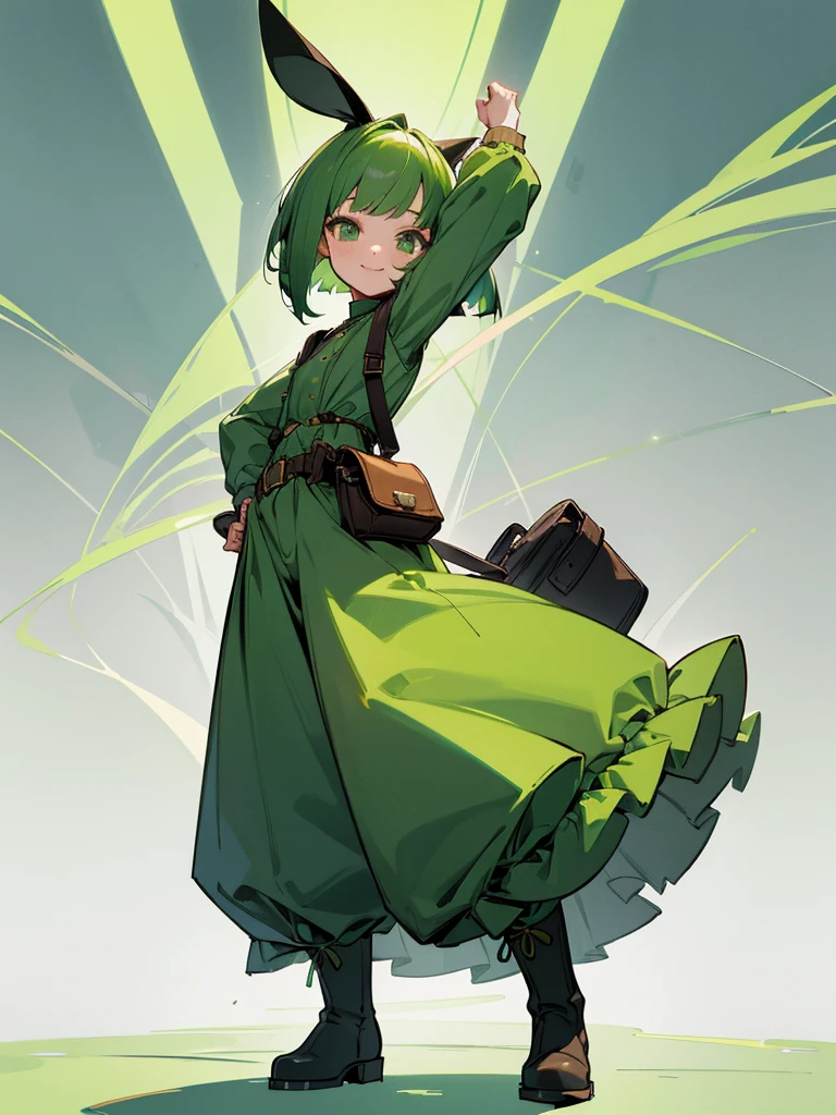Green rabbit ears, green animal ears, a girl, bob cut, green hair, green eyes, look young, alone, short, tiny, Lolita, childhood, smile, overall, wide pants ,belt, waist bag, waist pouch, kawaii, cute, long boots, full body shot