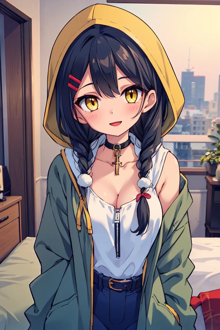 (masterpiece:1.2), (high quality:1.2), (hui xiyi:0.7), rekkyo sensen, rekkyou sensen, chibi, girls with((1girl, solo, black hair, yellow eyes, (wavy medium hair, braids, hairclips:1.3), blush, breasts, choker, cleavage, coat, cowboy shot, blue dress, ribbon waist belt, collar, collarbone, rosary, rosary choker, cross, fur, fur trim, parka, khaki hoodie, green hoodie, hood down, hooded coat, hooded jacket, hoodie, jacket, large breasts, long sleeves, medium breasts, open clothes, open coat,open hoodie, sleeveless, winter clothes, zipper, cleavage, upper body, hand up, waving, palm)), background with((bedroom, room:2.0))