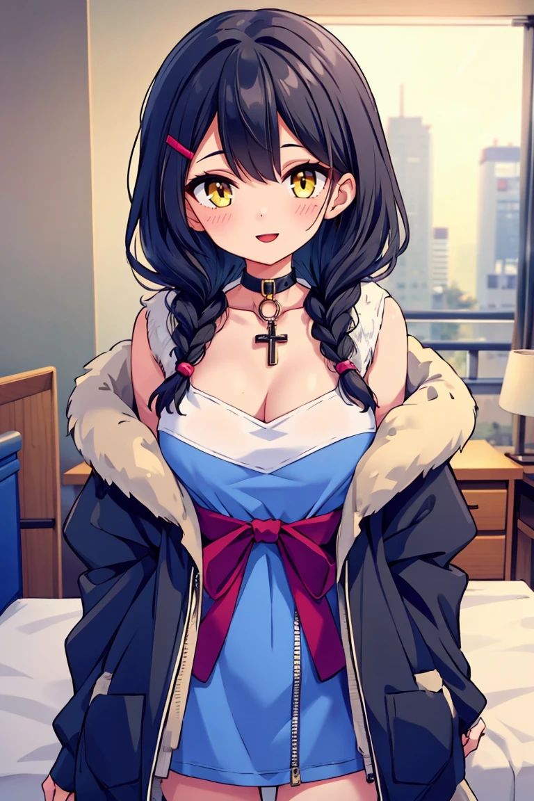 (masterpiece:1.2), (high quality:1.2), (hui xiyi:0.7), rekkyo sensen, rekkyou sensen, chibi, girls with((1girl, solo, black hair, yellow eyes, (wavy medium hair, braids, hairclips:1.3), blush, breasts, choker, cleavage, coat, cowboy shot, blue dress, ribbon waist belt, collar, collarbone, rosary, rosary choker, cross, fur, fur trim, parka, khaki hoodie, green hoodie, hood down, hooded coat, hooded jacket, hoodie, jacket, large breasts, long sleeves, medium breasts, open clothes, open coat,open hoodie, sleeveless, winter clothes, zipper, cleavage, upper body, hand up, waving, palm)), background with((bedroom, room:2.0))