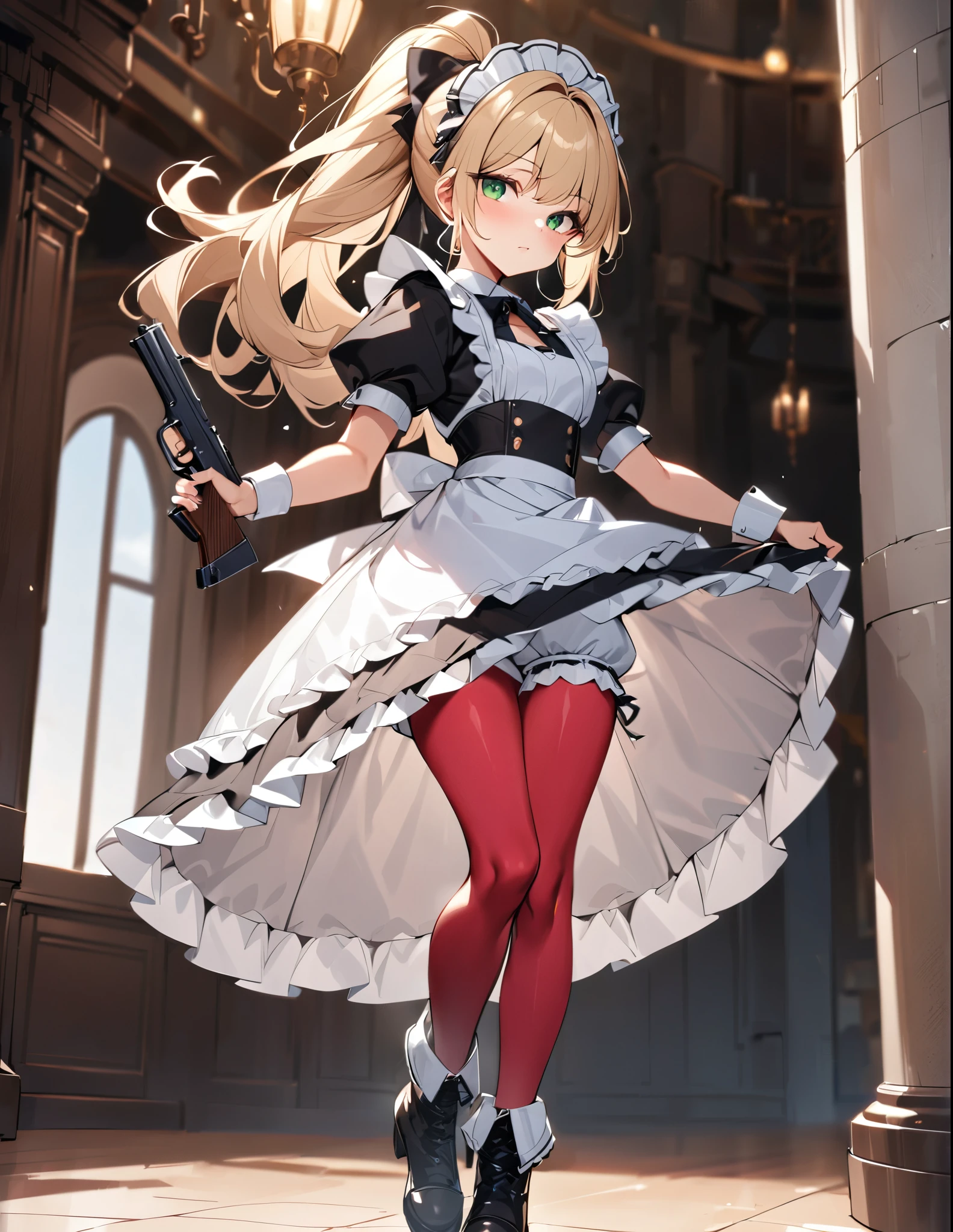 (best quality,4k,8k,highres,masterpiece:1.2),ultra-detailed, (1girl) A cute teenage gunslinger maid with green eyes, drawn in anime style, spiky light blonde hair in a long ponytail, victorian fashion, wearing a cute white maid dress with puffy sleeves, corset, tactical gear, light armour, petticoat, bloomers, pink pantyhose, pink tights, a frilly headband, a frilly pink apron, high-heel boots, ribbons, (perfect hands, complete fingers), (holding a gun with one hand, (Beretta 92FS)), steampunk style, guarding a mansion hallway, indoors, extremely detailed eyes and face,longeyelashes,volumetric lighting,cinematic lighting,protective posture,dramatic close up,highly detailed texture,intricate details.