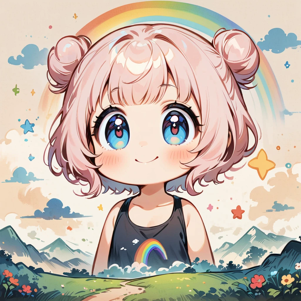 Draw a rainbow in the background、smile、pale pink hair、Short hair with a bun、Cartoon style character design,1 Girl, alone,Big eyes,Cute expression,Tank top、interesting,interesting,Clean Lines