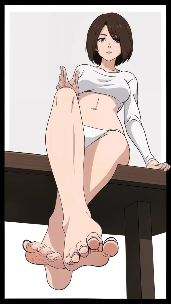 ((Medium Shot)), beautiful girl, slender, very short brown hair, wear a white long-sleeved T-shirt, white bikini panties , Perfect hands, Perfect body, put her feet on the table., barefoot, The eyes out of sight , ((Exquisite detail)), Very finely crafted fingers(((10 fingers))), , (Full-body showcase), (Show your whole body), (No logos on background), (No logo), bare foot, The camera frame is taken from below.,