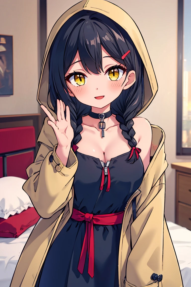 (masterpiece:1.2), (high quality:1.2), (hui xiyi:0.7), rekkyo sensen, rekkyou sensen, chibi, girls with((1girl, solo, black hair, yellow eyes, (wavy medium hair, braids, hairclips:1.3), blush, breasts, choker, cleavage, coat, cowboy shot, blue frills dress, ribbon waist belt, collar, collarbone, rosary, rosary choker, cross, fur, fur trim, parka, khaki hoodie, green hoodie, hood down, hooded coat, hooded jacket, hoodie, jacket, large breasts, long sleeves, medium breasts, open clothes, open coat,open hoodie, sleeveless, winter clothes, zipper, cleavage, upper body, hand up, waving, palm)), background with((bedroom, room:2.0))