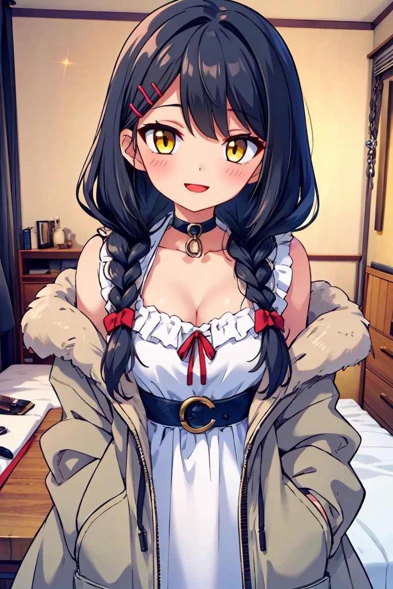 (masterpiece:1.2), (high quality:1.2), (hui xiyi:0.7), rekkyo sensen, rekkyou sensen, chibi, girls with((1girl, solo, black hair, yellow eyes, (wavy medium hair, braids, hairclips:1.3), blush, breasts, choker, cleavage, coat, cowboy shot, blue frills dress, ribbon waist belt, collar, collarbone, rosary, rosary choker, cross, fur, fur trim, parka, khaki hoodie, green hoodie, hood down, hooded coat, hooded jacket, hoodie, jacket, large breasts, long sleeves, medium breasts, open clothes, open coat,open hoodie, sleeveless, winter clothes, zipper, cleavage, upper body, hand up, waving, palm)), background with((bedroom, room:2.0))