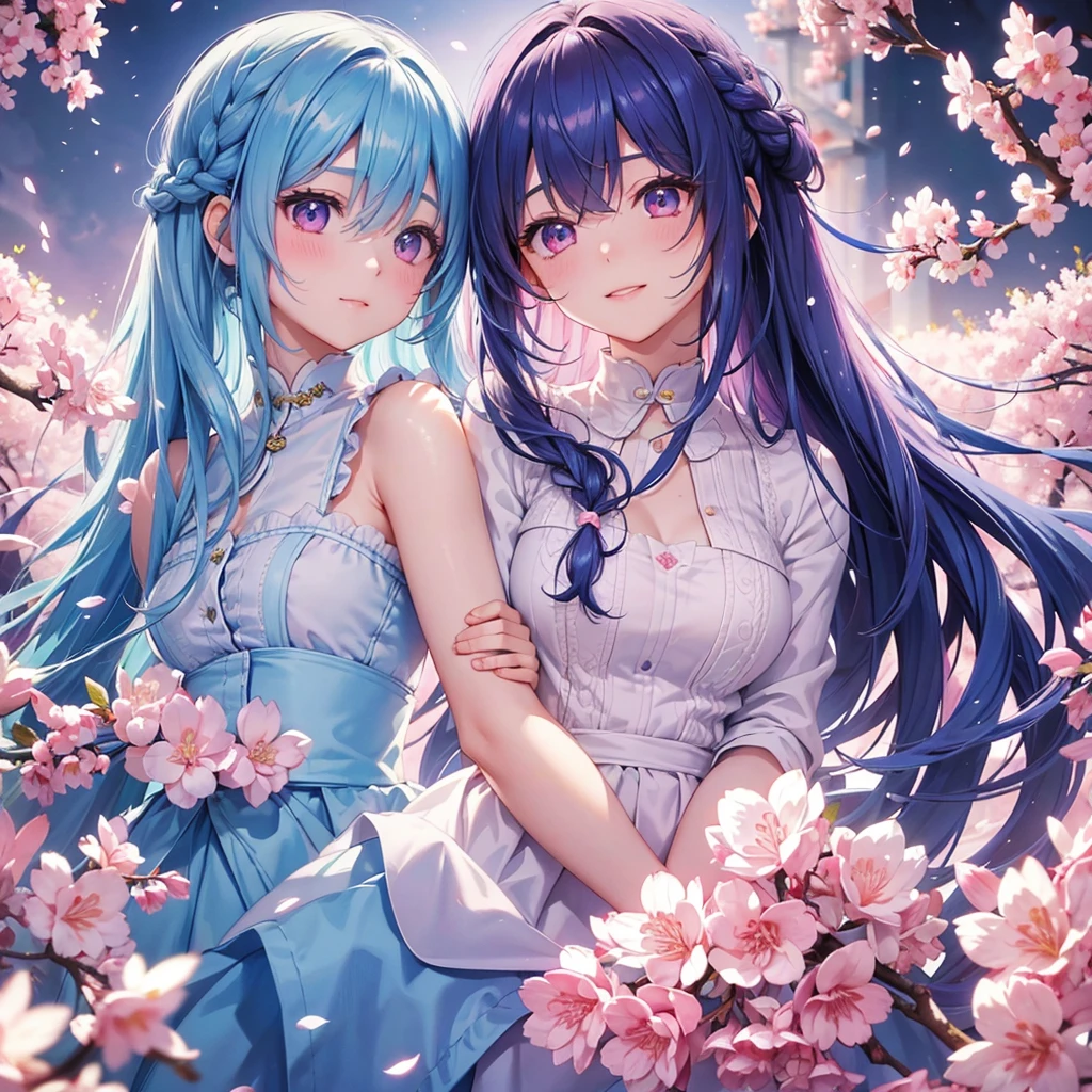 (Sky blue medium hair),(Braided hair tied together)、Pink eyes、Fair skin、(whole body)、(One Girl)、, blazer、Sakura in spring、Cherry Blossoms at Night、A big smile、、(masterpiece、Highest quality、Very detailed、Best Shadow)、(Detailed Background)、(Beautifully detailed face)、High contrast、(Best lighting、Very delicate and beautiful)、((Cinematic Light))、colorful、Hyper Detail、Dramatic Light、Exquisite detail、