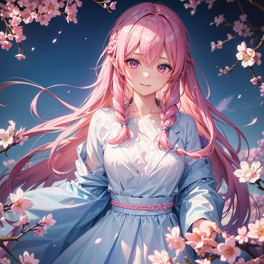 (Sky blue medium hair),(Braided hair tied together)、Pink eyes、Fair skin、(whole body)、(One Girl)、, blazer、Sakura in spring、Cherry Blossoms at Night、A big smile、、(masterpiece、Highest quality、Very detailed、Best Shadow)、(Detailed Background)、(Beautifully detailed face)、High contrast、(Best lighting、Very delicate and beautiful)、((Cinematic Light))、colorful、Hyper Detail、Dramatic Light、Exquisite detail、