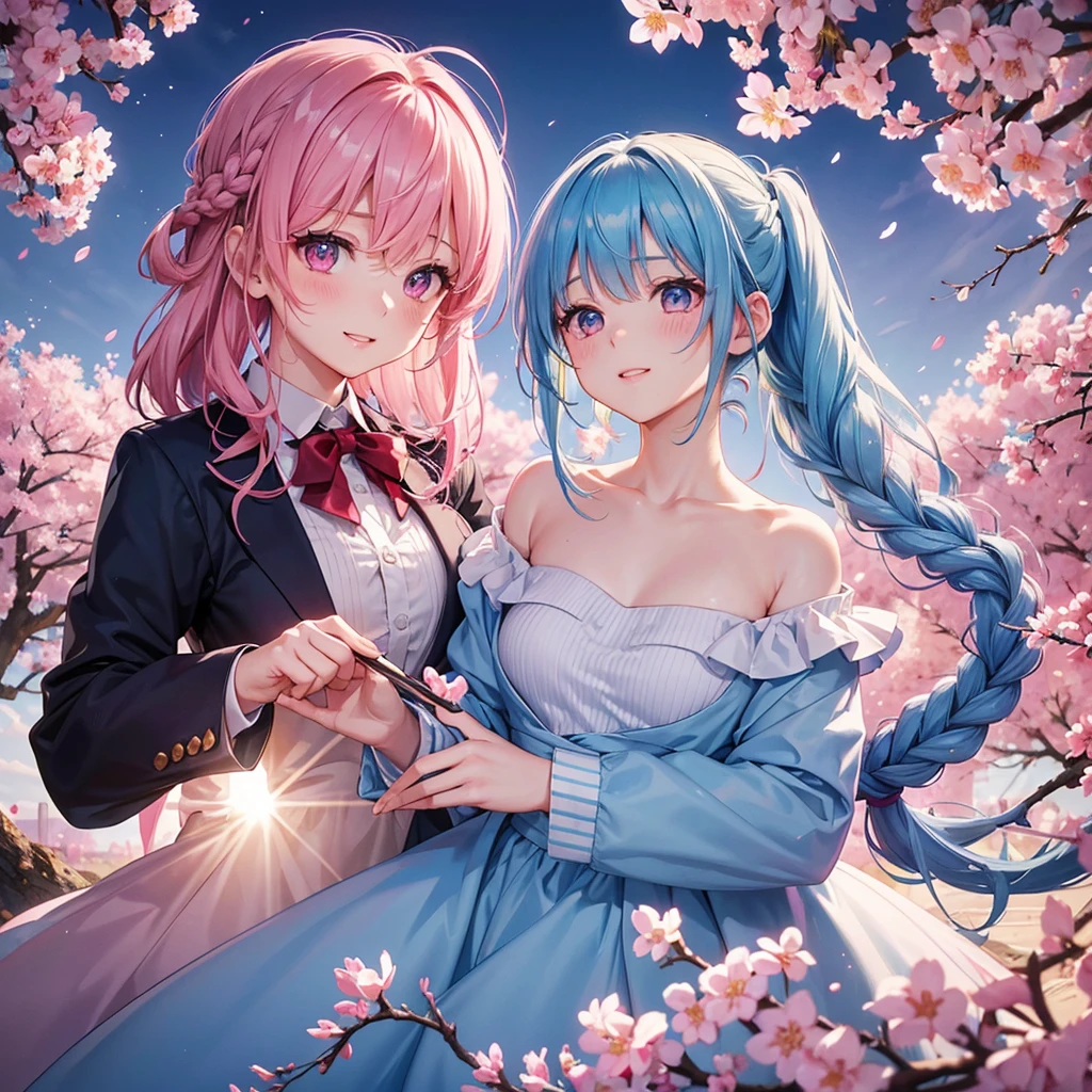 (Sky blue medium hair),(Braided hair tied together)、Pink eyes、Fair skin、(whole body)、(One Girl)、, blazer、Sakura in spring、Cherry Blossoms at Night、A big smile、、(masterpiece、Highest quality、Very detailed、Best Shadow)、(Detailed Background)、(Beautifully detailed face)、High contrast、(Best lighting、Very delicate and beautiful)、((Cinematic Light))、colorful、Hyper Detail、Dramatic Light、Exquisite detail、