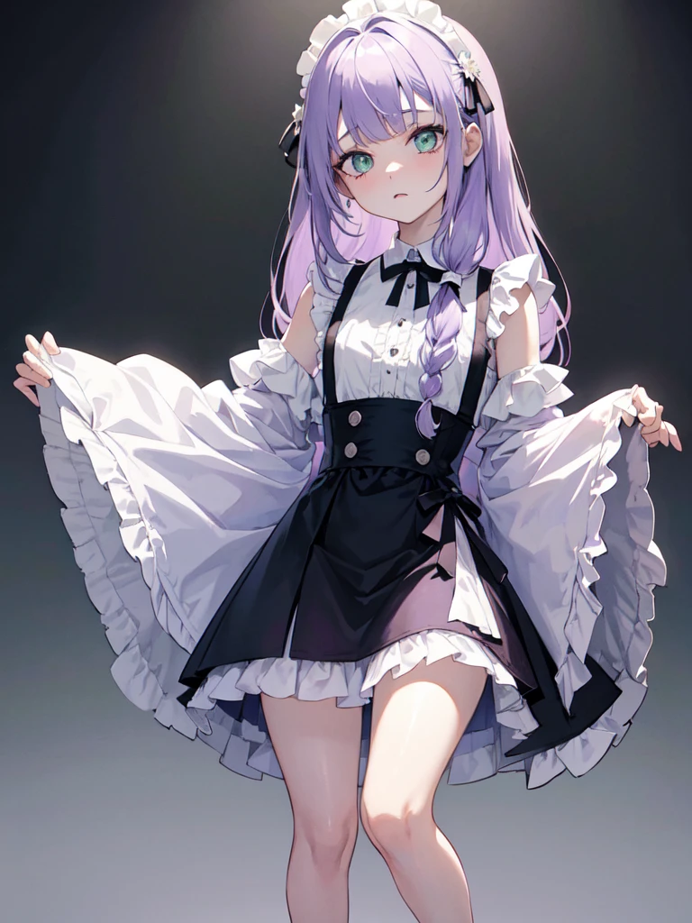 Maid clothes,sketch (Character design sheet, same characters, whole body, Three-View, front, ~ ~ ~ side, return),(Very bright:1.1), White Background, [1 Girl:7], (Tilt your head:1.2), ([sketch|watercolor \(Moderate\)]:1.15),full body, Full bangs,(Full bangs, Straight bangs, The bangs are aligned diagonally), （Gradient braided hair, (Light purple hair), (Ink blotches:1.1), (pale:1.2),(Light purple:1.2),(Light green:1.2)）　and full body, Artistic elements add depth to the work. The overall atmosphere is creepy and nightmarish..., With a unique artistic touch. This movie is、The dark and crazy world of horror movies depicted in HD., Evoke visual stimuli and aesthetic sense, It will terrify and excite the audience....,watercolor画, （Lightless, Eyes without highlights, Evil Eye, A bad looking person with white eyes, It&#39;s a red eyeliner）,whole body絵, Maid clothesを着ている and （Mature face,tall, Wearing black tights,Green Eyes, The skin is hidden　and maid, The background is a dark and desolate landscape, Horror movie atmosphere. Her figure is extremely beautiful, Emphasizing the dark and crazy elements. Skillfully expressing the effects of light and shadow, detailed, The face and expression of the black costume are also carefully drawn.　and ..,sketch (Character design sheet, same characters, whole body, Three-View, front, ~ ~ ~ side, return) and 1 female, Nervous,Cowboy Shot,,(Very bright:1.1), White Background, [1 Girl:7], (Tilt your head:1.2), ([sketch|watercolor \(Moderate\)]:1.15),Chaotic Abstraction