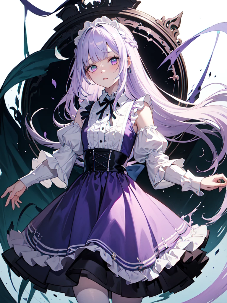 Maid clothes,sketch (Character design sheet, same characters, whole body, Three-View, front, ~ ~ ~ side, return),(Very bright:1.1), White Background, [1 Girl:7], (Tilt your head:1.2), ([sketch|watercolor \(Moderate\)]:1.15),full body, Full bangs,(Full bangs, Straight bangs, The bangs are aligned diagonally), （Gradient braided hair, (Light purple hair), (Ink blotches:1.1), (pale:1.2),(Light purple:1.2),(Light green:1.2)）　and full body, Artistic elements add depth to the work. The overall atmosphere is creepy and nightmarish..., With a unique artistic touch. This movie is、The dark and crazy world of horror movies depicted in HD., Evoke visual stimuli and aesthetic sense, It will terrify and excite the audience....,watercolor画, （Lightless, Eyes without highlights, Evil Eye, A bad looking person with white eyes, It&#39;s a red eyeliner）,whole body絵, Maid clothesを着ている and （Mature face,tall, Wearing black tights,Green Eyes, The skin is hidden　and maid, The background is a dark and desolate landscape, Horror movie atmosphere. Her figure is extremely beautiful, Emphasizing the dark and crazy elements. Skillfully expressing the effects of light and shadow, detailed, The face and expression of the black costume are also carefully drawn.　and ..,sketch (Character design sheet, same characters, whole body, Three-View, front, ~ ~ ~ side, return) and 1 female, Nervous,Cowboy Shot,,(Very bright:1.1), White Background, [1 Girl:7], (Tilt your head:1.2), ([sketch|watercolor \(Moderate\)]:1.15),Chaotic Abstraction