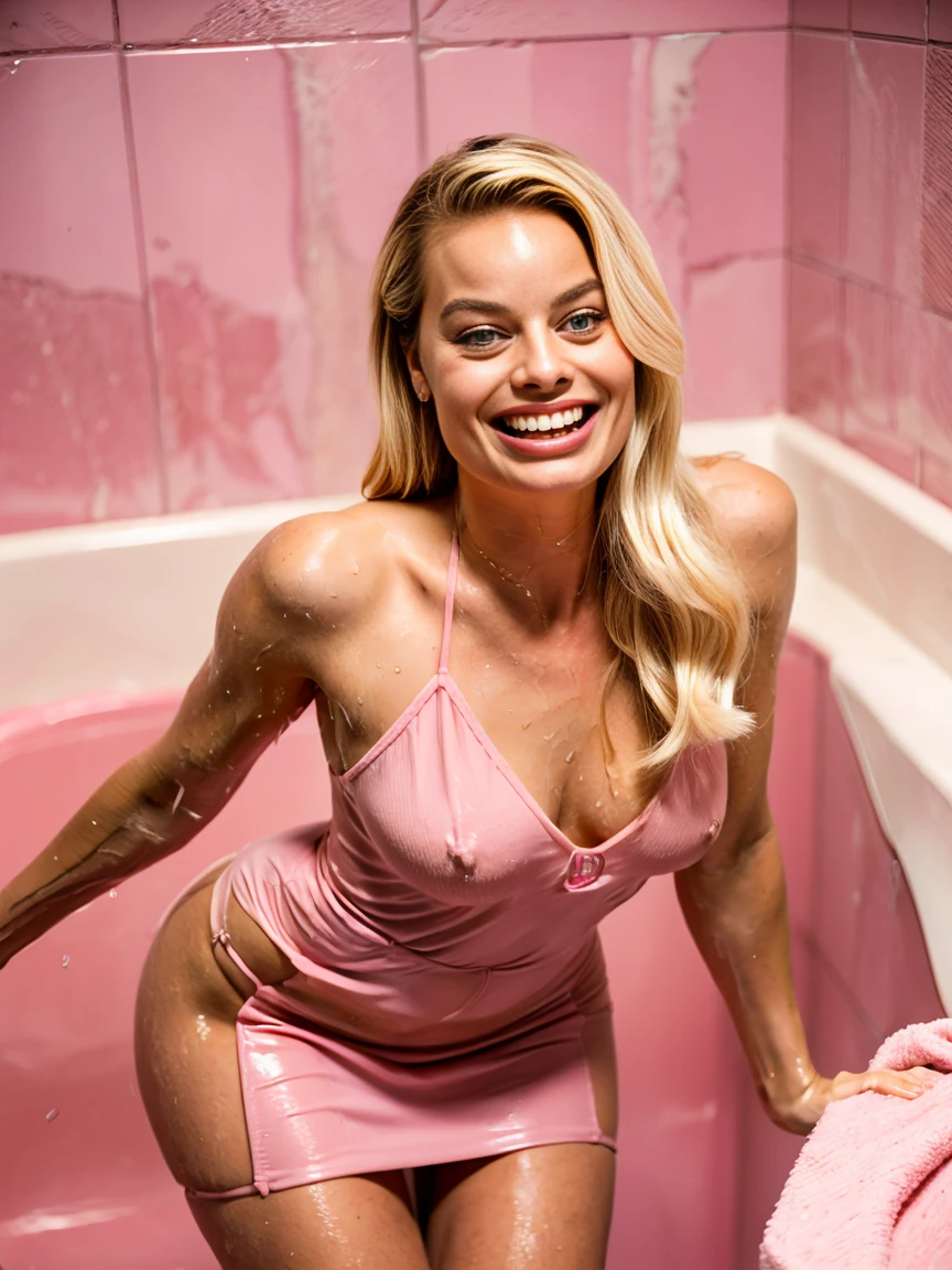 margot robbie as barbie taking a bath ,in barbie land, pink dress, , stockings, high heels, soaking wet, sexy pose, aroused, wants to fuck, looking at viewer, oily skin, SoakingWetClothes, wet clothing:1.4