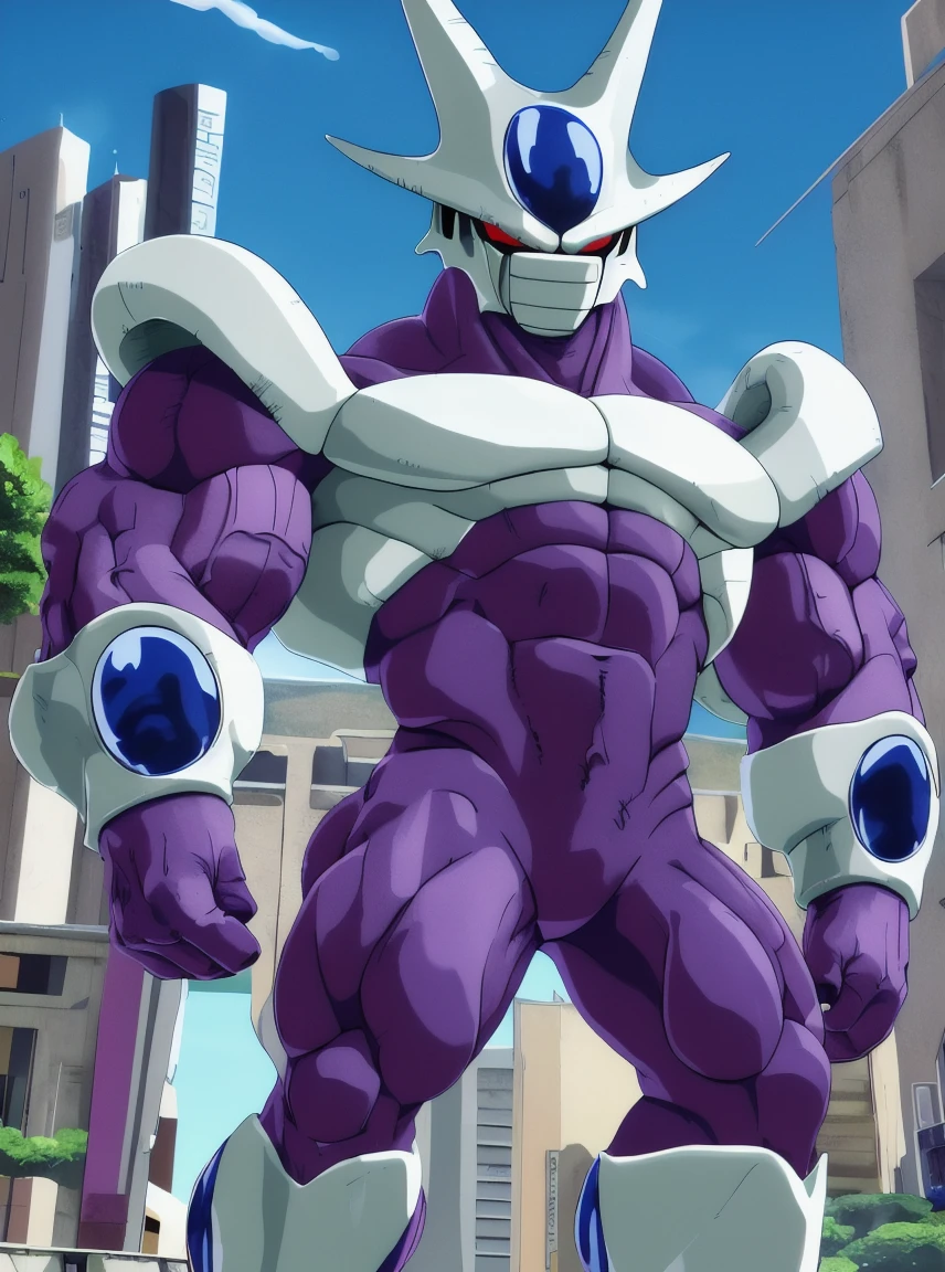 art by midjourney, CGI_Animation, (Cinematic scene - long shot:1.5), sharp focus, (color saturation:1.2), kemono (detailed soft skin:1.1), detailed background, (intricate, high detail, film photography, soft focus, RAW candid cinema, (photorealism:1.1), realistic, analog style, subsurface scattering, masterpiece, best quality, ultra realistic, 8k, HDR), full body shot with legs and feet, (perfect proportions:1.2), (kemono:1.2), (bara:1.2), (male:1.5), muscular, Cooler, (red eyes1.2), (veiny muscles:1.2), wide chest, thick thighs, thick arms, popping veins, abs, looking directly at viewer, (direct gaze:1.5), highly detailed eyes, alluring gaze, powerful strong mighty, horns, evil, villain, white armor, face mask, purple body, (art by Akira Toriyama:1.2), 