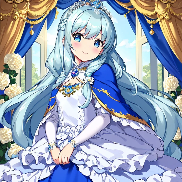 looking at viewer, upper body,(masterpiece),(best quality),(rococo style),(long train blue cape:1.15), very long cape,(long train white ball gown with flower decorations:1.1), a girl is wearing a cape over her gown, 1 little princess, tiara, smile, very long hair, small breasts