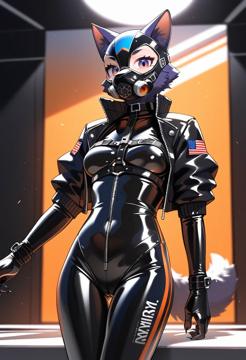 animation, Highest quality, Highest quality, High quality illustrations, masterpiece, Ultra-high resolution, Detailed Background, Inside the hideout, Absurd, Perfect Anatomy, performance, Good lighting, Shadows in the movies(kemono, Furry PersonifiCation), Cat, Rubber suit, latex, neon, neonライト, neonカラー, Racing Suits, Cyber Suit, Harness, Leather Half Jacket, cyber punk, Rubber mask