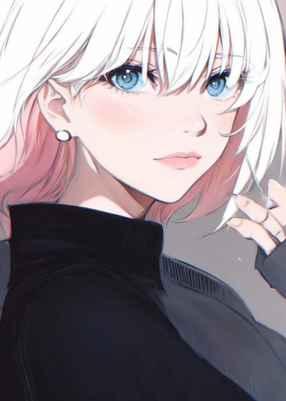 Black sweater, white hair, blue eyes