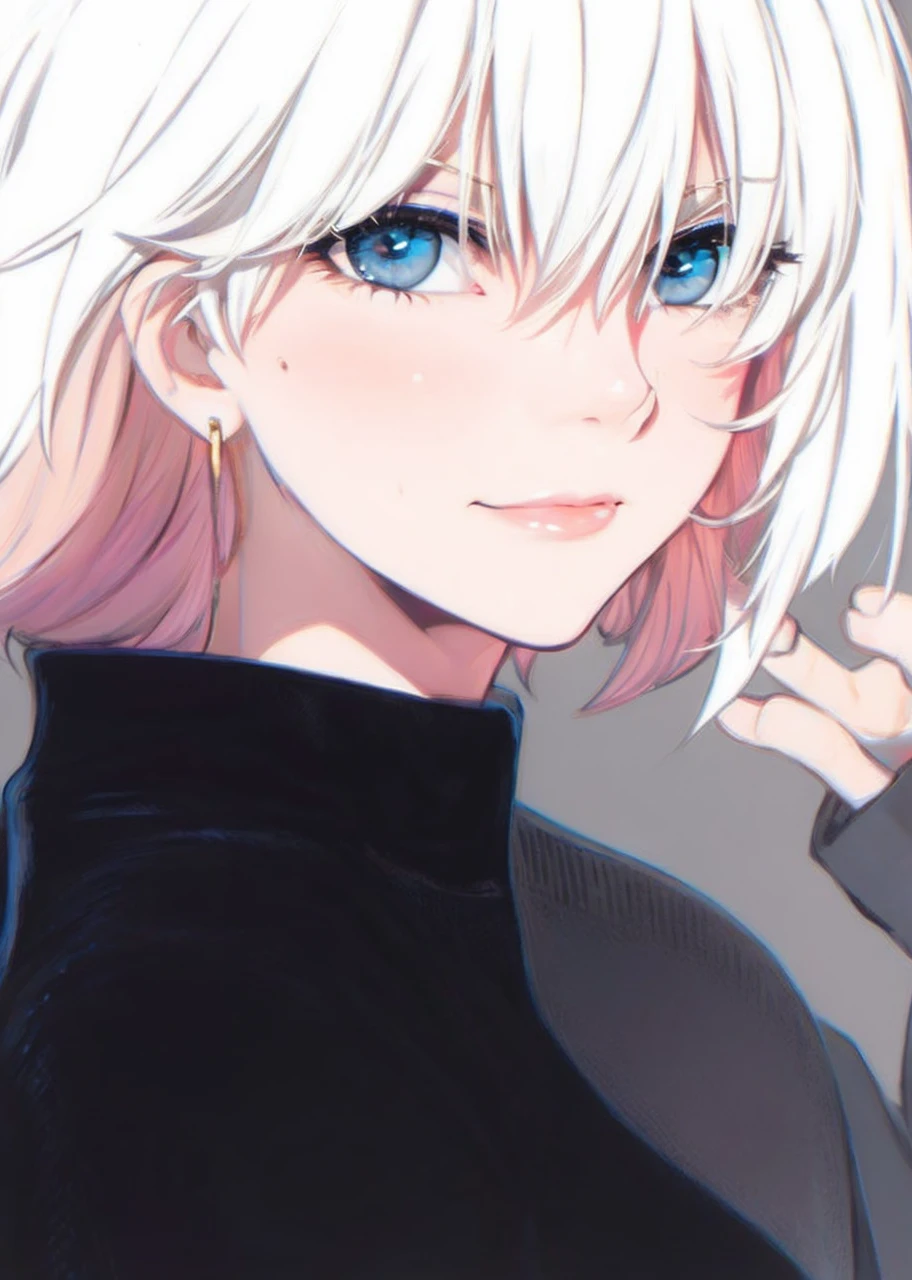 Black sweater, white hair, blue eyes 