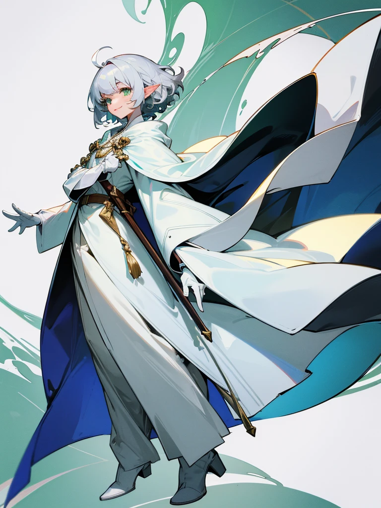 Elf, silver hair,short hair, medium cut, ahoge, curly hair,green eyes,slender, fair skin, cool Smile, robe, cloak, White gloves, long boots, pants,