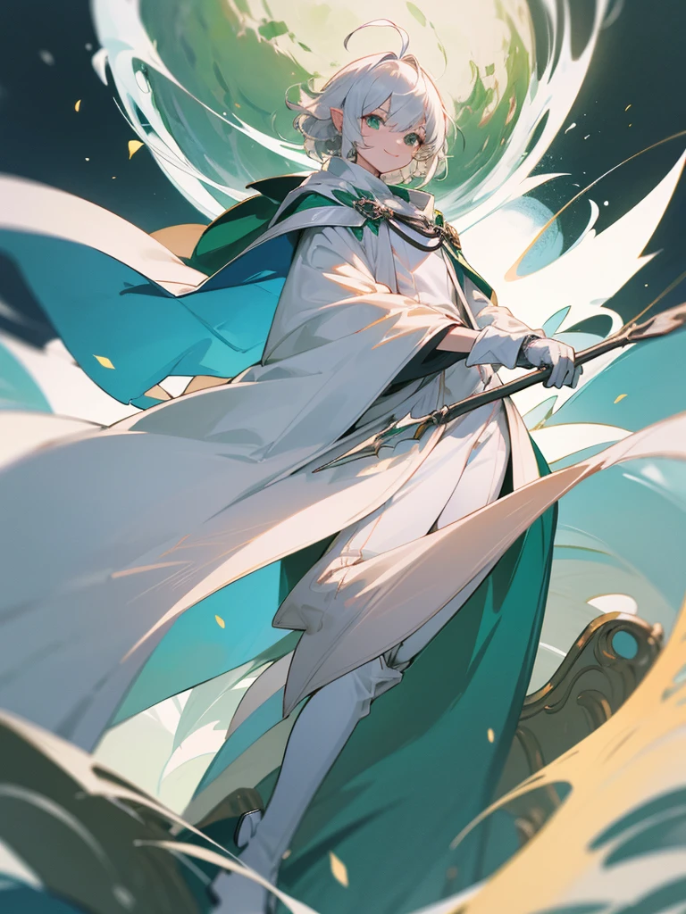 Elf, silver hair,short hair, medium cut, ahoge, curly hair,green eyes,slender, fair skin, cool Smile, robe, cloak, White gloves, long boots, pants,