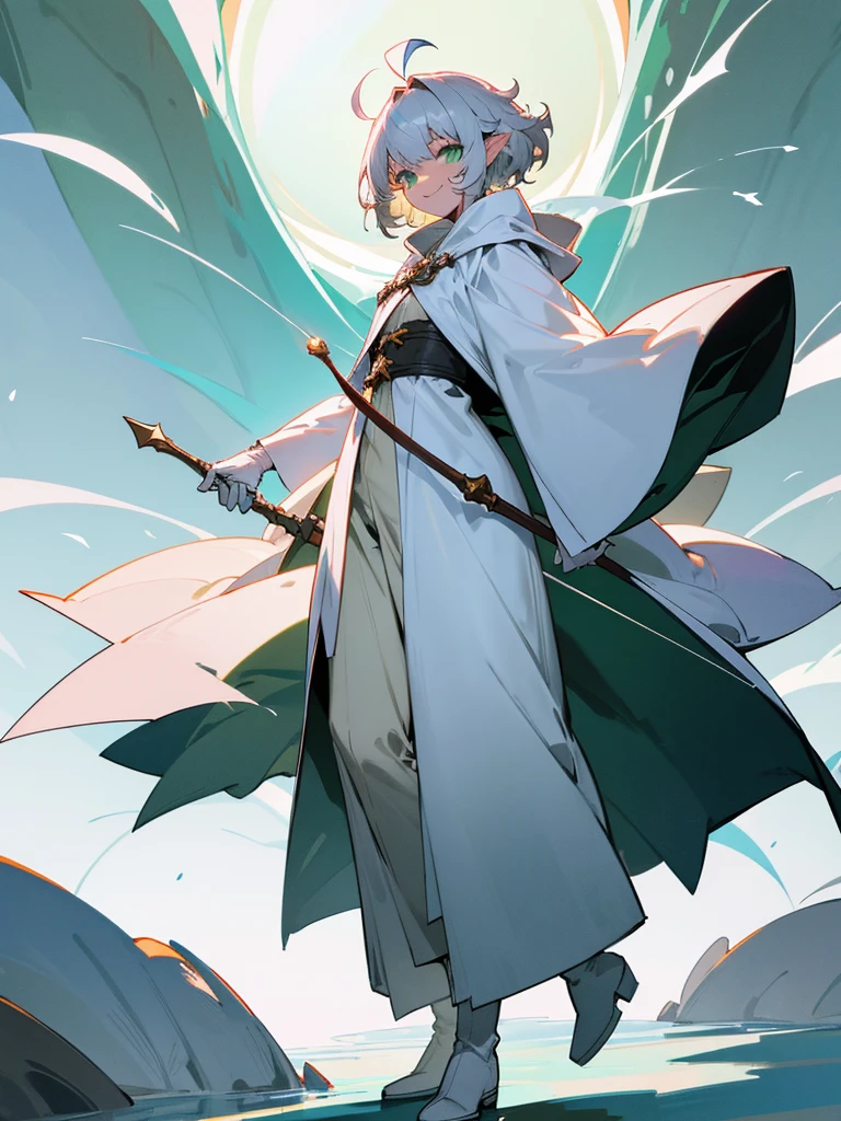 Elf, silver hair,short hair, medium cut, ahoge, curly hair,green eyes,slender, fair skin, cool Smile, robe, cloak, White gloves, long boots, pants,