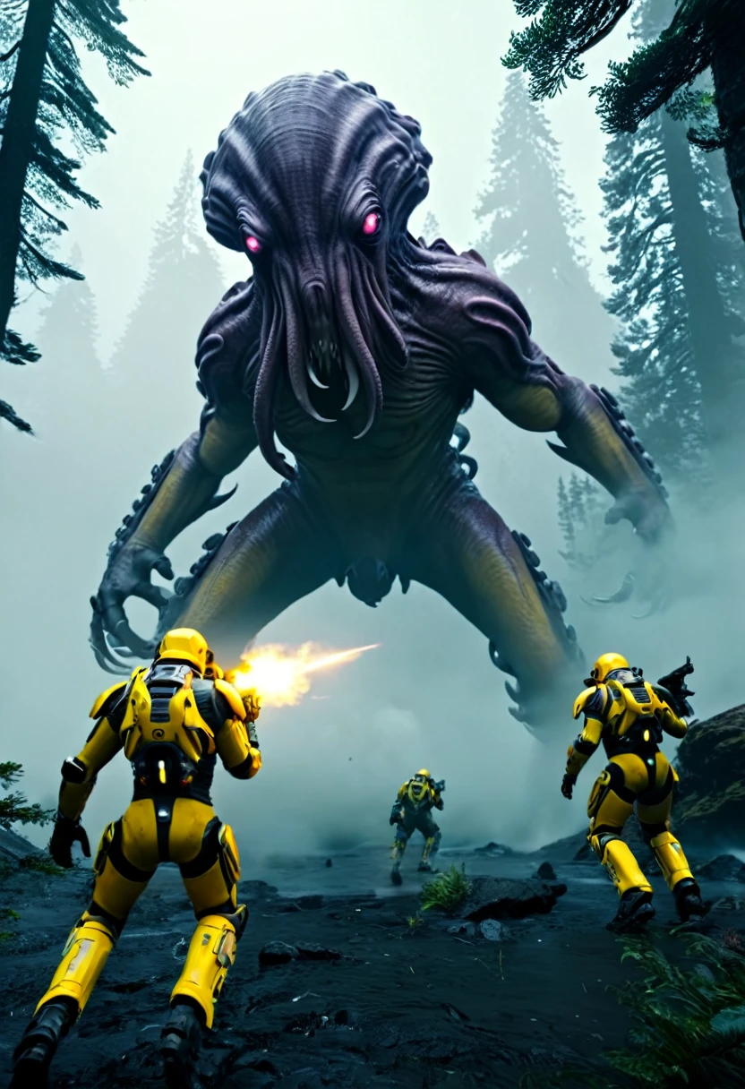 Black mercenaries wearing yellow futuristic armour, shooting at a giant alien octopus and ape hybrid monster, monster shouting while laser bullets from mercenary guns hit it, scene takes place in an alien planet full of fog, mountains and very tall trees, sci-fi scene, ultra HD, unreal engine rendered, octane 3d rendering, cinematic lighting