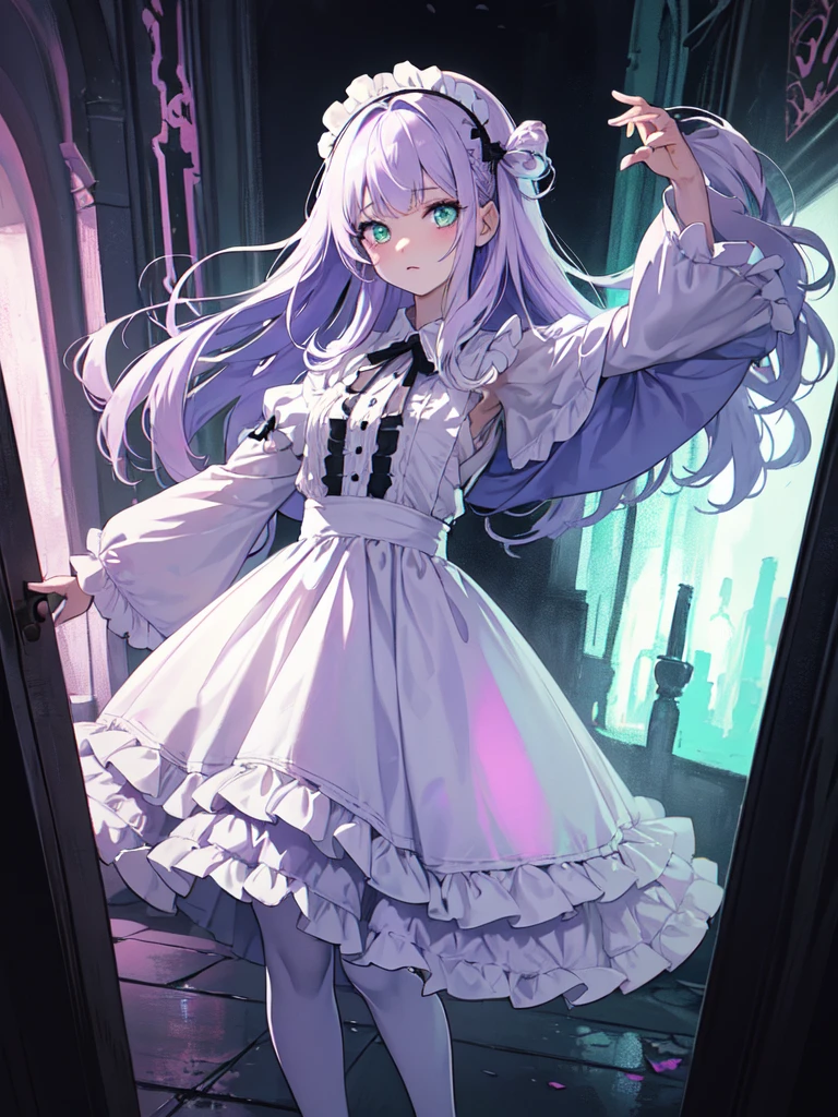 Maid clothes,sketch (Character design sheet, same characters, whole body, Three-View, front, ~ ~ ~ side, return),(Very bright:1.1), White Background, [1 Girl:7], (Tilt your head:1.2), ([sketch|watercolor \(Moderate\)]:1.15),full body, Full bangs,(Full bangs, Straight bangs, The bangs are aligned diagonally), （Gradient braided hair, (Light purple hair), (Ink blotches:1.1), (pale:1.2),(Light purple:1.2),(Light green:1.2)）　and full body, Artistic elements add depth to the work. The overall atmosphere is creepy and nightmarish..., With a unique artistic touch. This movie is、The dark and crazy world of horror movies depicted in HD., Evoke visual stimuli and aesthetic sense, It will terrify and excite the audience....,watercolor画, （Lightless, Eyes without highlights, Evil Eye, A bad looking person with white eyes, It&#39;s a red eyeliner）,whole body絵, Maid clothesを着ている and （Mature face,tall, Wearing black tights,Green Eyes, The skin is hidden　and maid, The background is a dark and desolate landscape, Horror movie atmosphere. Her figure is extremely beautiful, Emphasizing the dark and crazy elements. Skillfully expressing the effects of light and shadow, detailed, The face and expression of the black costume are also carefully drawn.　and ..,sketch (Character design sheet, same characters, whole body, Three-View, front, ~ ~ ~ side, return) and 1 female, Nervous,Cowboy Shot,,(Very bright:1.1), White Background, [1 Girl:7], (Tilt your head:1.2), ([sketch|watercolor \(Moderate\)]:1.15),Chaotic Abstraction
