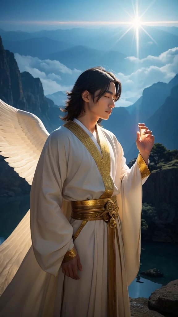The Radiant God々A beautiful male god、Standing in front of a spectacular backdrop。Around him、A dazzling light shines in、A sacred aura spreads。His appearance is full of dignity.、Wearing a shining white robe。Behind、A beautiful heavenly landscape unfolds、I see golden clouds and temples。A golden halo shines around his head、In his hand he holds a staff that emits a mysterious light.。His expression is calm and loving、Gives the viewer peace and tranquility。Angels and sacred animals dance in the background.、The whole place exudes a mysterious and sublime atmosphere.。