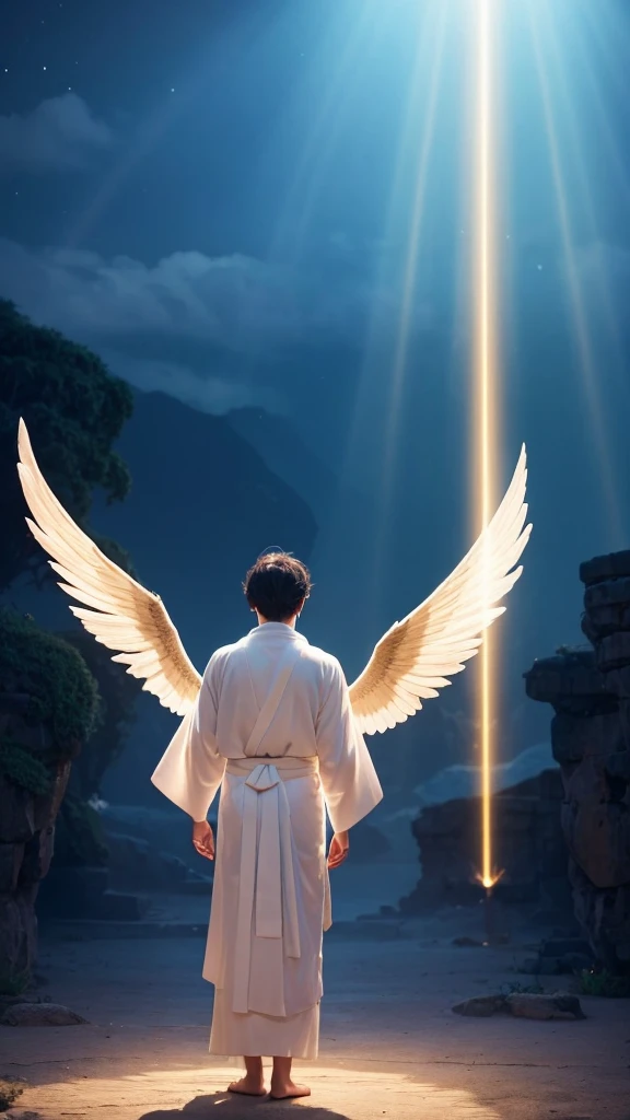 The Radiant God々A beautiful male god、Standing in front of a spectacular backdrop。Around him、A dazzling light shines in、A sacred aura spreads。His appearance is full of dignity.、Wearing a shining white robe。Behind、A beautiful heavenly landscape unfolds、I see golden clouds and temples。A golden halo shines around his head、In his hand he holds a staff that emits a mysterious light.。His expression is calm and loving、Gives the viewer peace and tranquility。Angels and sacred animals dance in the background.、The whole place exudes a mysterious and sublime atmosphere.。