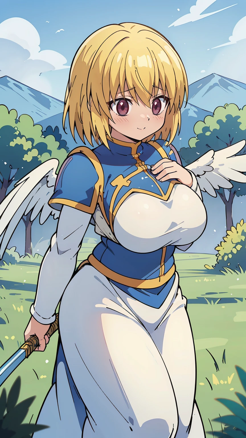 woman in her 20s、1 person、Angelic、There are large white wings on the back、Has 6 wings、Swan wings、With a round face、round chin、Close-up of a woman in armor holding a sword, Armor girl, female knight, big and full breasts、full armor, full armor, gorgeous female paladin, female knight, of a Beautiful female knight, Beautiful armor, Plump、thick waist、wide waist、full armor, armor、Gorgeous full-body armor, Amazing armor, Trending on Art Station Pixiv, Beautiful female knight、has a large sword、Great Sword of Steel、happy look、looking here、Look at me、Lakeside、white military flags lined up, There is a large army behind us far away.、With forest and mountains in the background、black string、Black pattern,kurapika, bob hair, blonde hair, (long tits:1.1), (huge tits:1.1), (saggy tits:1.2), (BIG ASS:1.2)